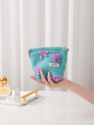 Borsa Trucco In Peluche Velluto Teddy Grande Capacità Organizzatore Cosmetico Portatile Pochette Fiocco 3D Donna