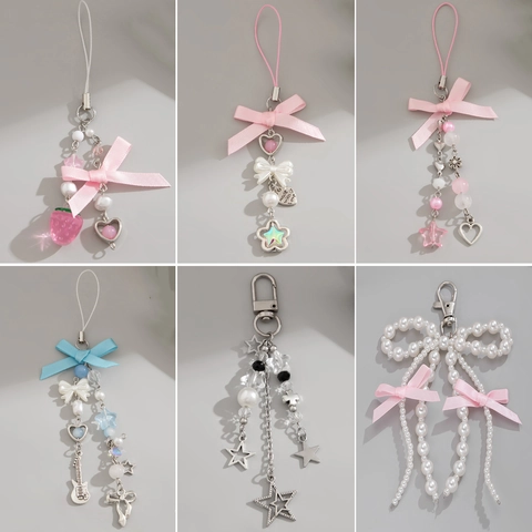 Sweet Alloy Artificial Pearl Strawberry Bow Keychain Heart Star Acrylic Bead Bag Charm Pendant For Women Girls Jewelry