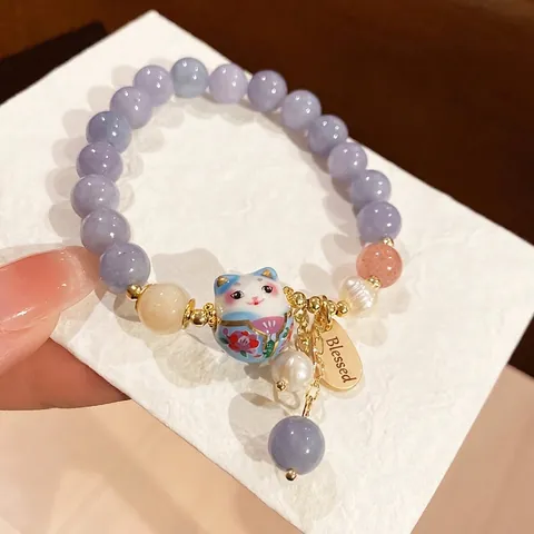 Bracciale Di Künstliche Perle Di Cristallo Con Ciondolo Gatto Della Fortuna In Ceramica E Perla Artificial Imitazione Etichetta Rame Gioielli Donna