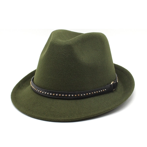 Klassischer Fedora Hut Wollfilz Breite Krempe Mit Metallnieten Lederband Vintage Jazz Kappe Für Herren Damen Herbst Winter