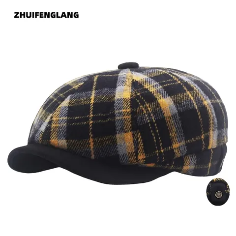 Berretto Newsboy A Quadri Retrò Misto Lana Spesso Caldo Stile Pittore Ottagonale Vintage Regolabile