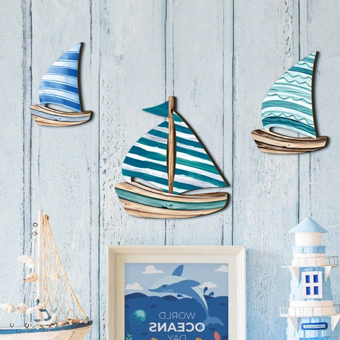 Décoration Murale Voilier En Bois Méditerranéen Thème Océan Art Nautique Pour Salon Salle De Bain Chambre Bébé Style Plage Bleu