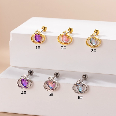 Herz Mondstein Knorpel Ohrring Stecker Kupfer Zirkon Edelstahl Schraubverschluss Krone Piercing Schmuck Damen