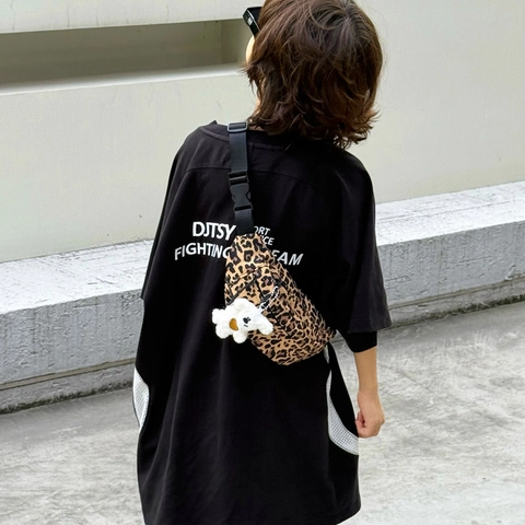 Kids Canvas Chest Bag Leopard Zebra Print Adjustable Waist Pack Trendy Streetwear Boys Girls With Plush Toy Charm