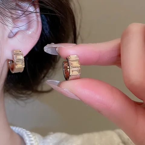 Orecchini A Cerchio Quadrati Eleganti Con Strass Per Donna Con Perno In Argento Stile Geometrico Francese