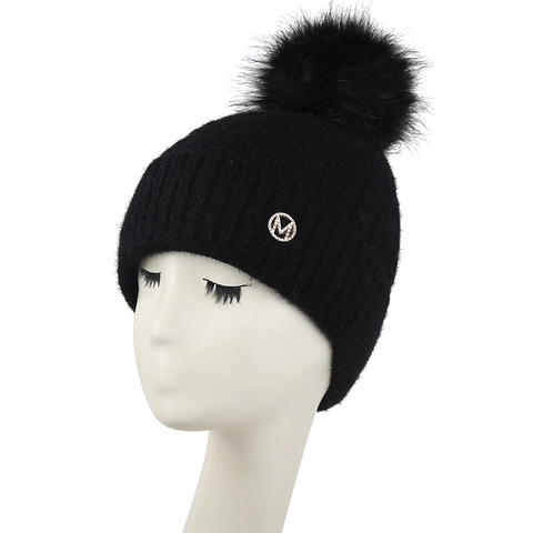 Women Knit Beanie Hat With Faux Fur Pom-Pom Fleece Lined Winter Warm Rhinestone Letter M Thickened Acrylic Outdoor