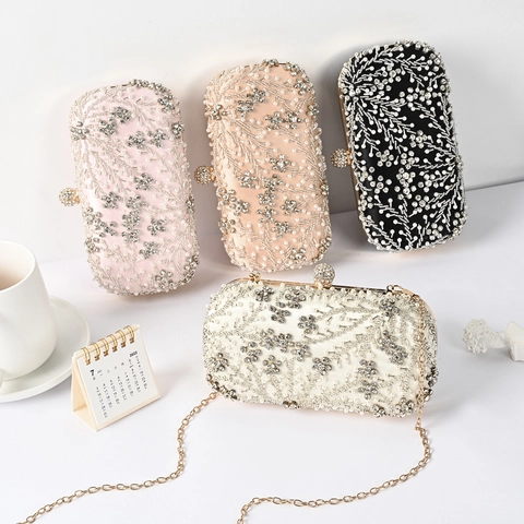 Handmade Beaded Evening Bag For Women Rhinestone Artificial Pearl Clutch Wedding Banquet Party Handbag With Detachable Chain Strap
