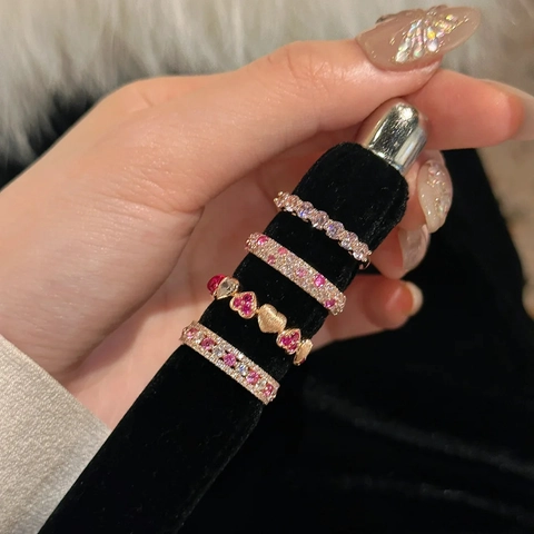 Vintage Elegante Messing Strass Ring Für Damen Rosa Weiße Steine Verstellbarer Offener Fingerring Mode Schmuck Geschenk