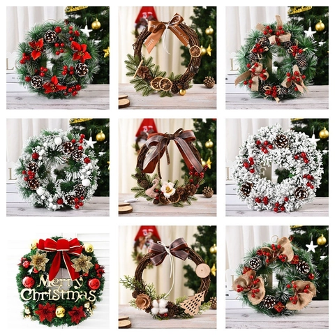 Artificial Christmas Wreath With Pine Needles Pinecones Berries Bowknot Merry Christmas Sign For Front Door Window Holiday Home Decor