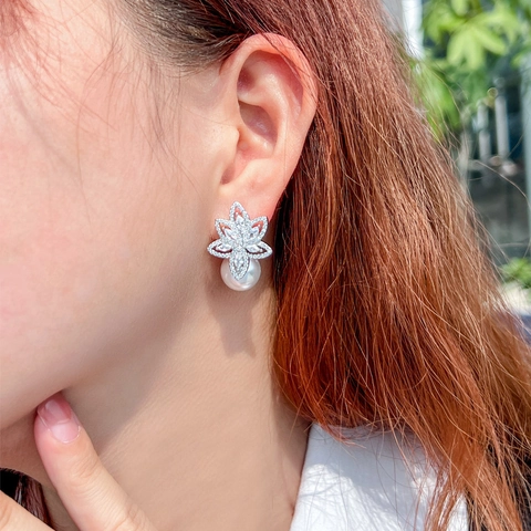 Elegant Copper Zirconia Flower Drop Earrings With Artificial Pearl White Silver Fashion Jewelry For Women Banquet Party