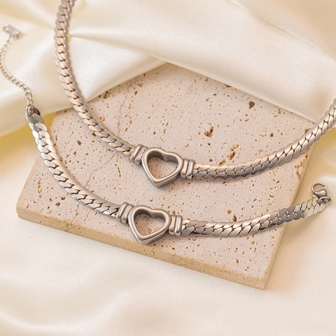 Parure Collier Et Bracelet en Acier Titane Coeur Creux Plqué Or Argent Maillon Gourmette Bijoux pour Femmes Ras du Cou Simple Elégant