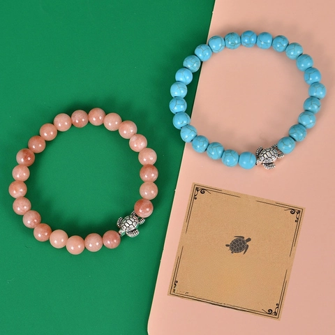 Lucky Turtle Charm Bracelet Natural Gemstone Beaded Elastic Handmade Blessing Jewelry Gift