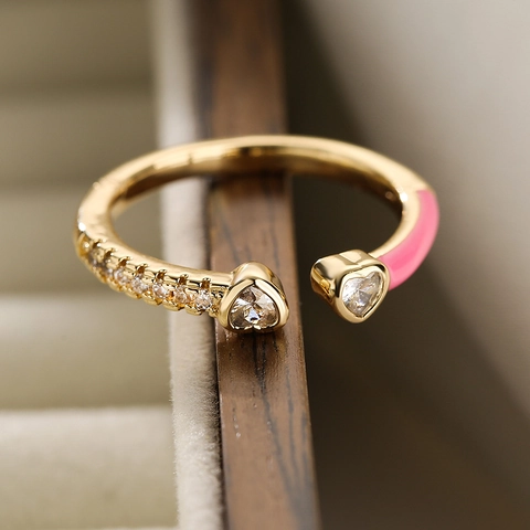 Adjustable Open Ring Gold Plated Brass Heart Cubic Zirconia Enamel Colorful Geometric Fashion Jewelry For Women