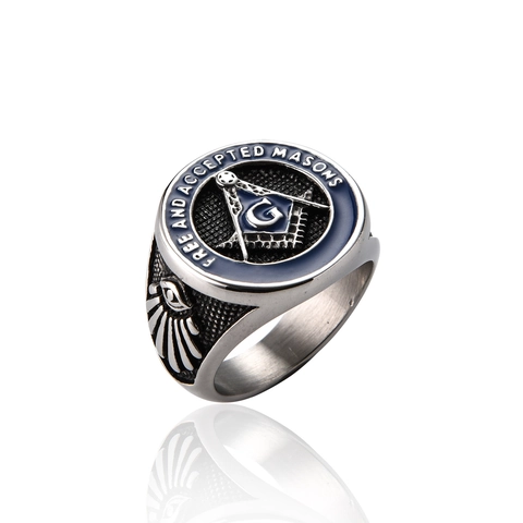 Anillo De Sello Masónico Acero Inoxidable Símbolo Masonería Esmalte Azul Vintage Retro Punk Estilo Para Hombres
