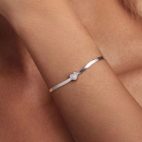 925 Sterling Silver Heart Zircon Bracelet Flat Herringbone Snake Chain For Women Elegant Simple Jewelry Gift