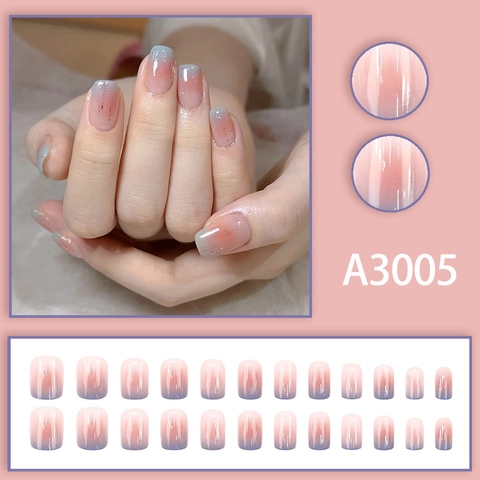 Press On Nails Pink Blue Gradient Ombre Jelly Glossy Short Square Round Fake Nails Silver Glitter Elegant Manicure For Women