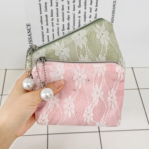 Μίνι Δαντελένιο Πορτοφόλι Με Πέρλα Φλοράλ Φορητή Τσάντα Αποθήκευσης Μακιγιάζ Θήκη Με Φερμουάρ Γλυκό Στυλ Για Γυναίκες