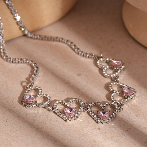 Hohl Herz Halskette Legierung Zirkon Strass Rosa Kristall Tennis Kette Choker Elegant Schick Geschenk Für Damen