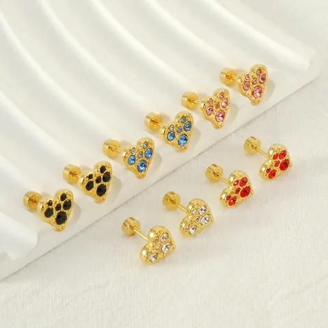 Heart Stud Earrings 18K Gold Plated Stainless Steel Rhinestone Screw Back Piercing Jewelry Fashion For Women