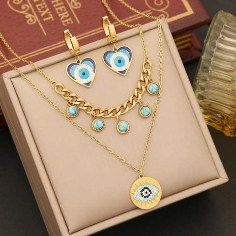 Stainless Steel Evil Eye Heart Jewelry Double Layer Necklace Bracelet Earrings Gold Plated Turquoise Zircon For Women