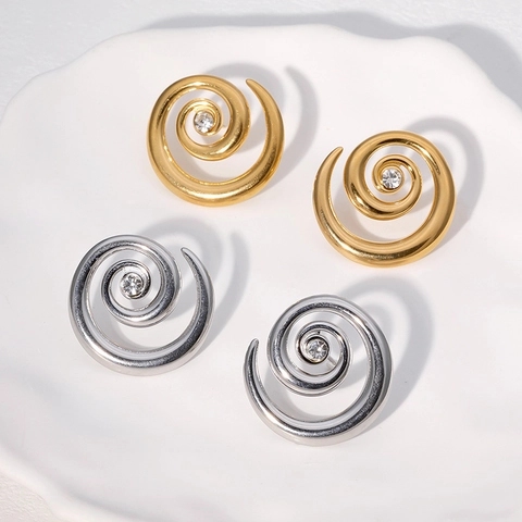 Pendientes De Botón En Espiral De Acero Inoxidable Con Circón Bañado En Oro 18K Joyería Minimalista Para Mujer