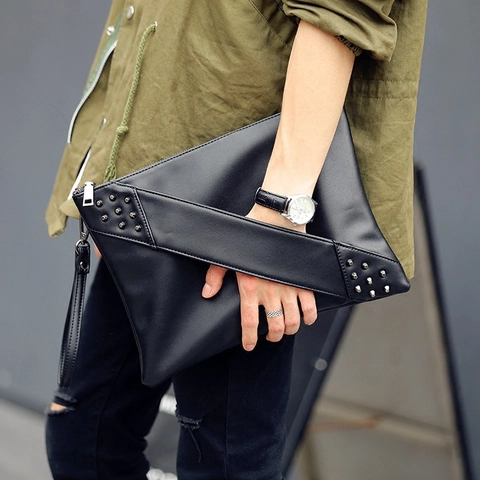 Biker Style Studded Rivet Clutch Bag PU Leather Envelope Handbag With Wrist Strap Solid Color Zipper Pouch For Men Women