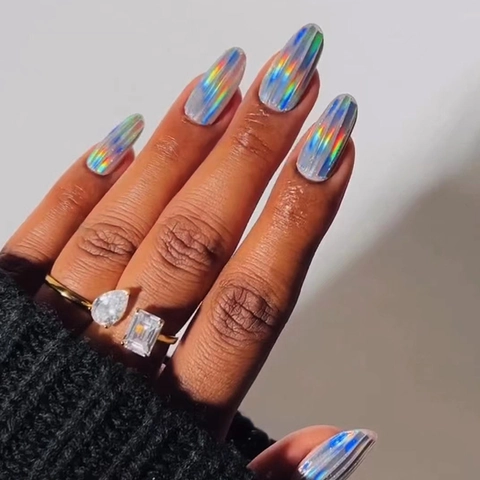 Aurora Rainbow Holographic Cat Eye Press On Nails Almond Shape ABS Plastic Vertical Line Design For Women Fashion