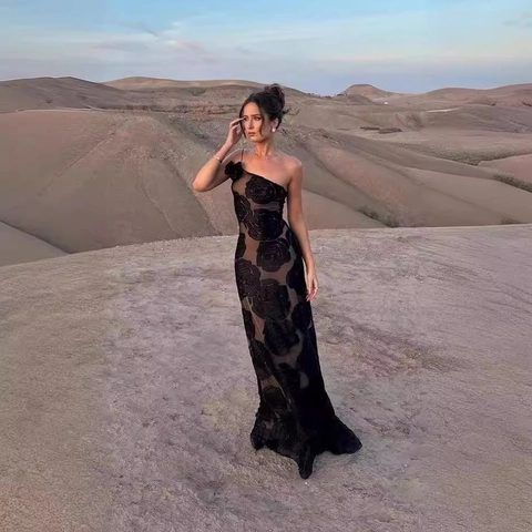 One Shoulder Evening Maxi Dress 3D Rose Burnout Mesh Sexy Slim Fit Party Gown For Women