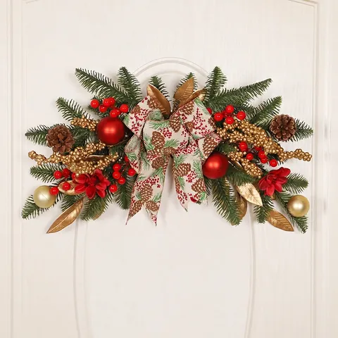 Kerst Latei Swag PE Dennennaalden Dennenappels Rode Bessen LED Verlichting Deur Muur Decoratie Feestelijk Ornament