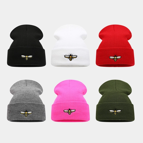 Knitted Beanie Mütze Biene Bestickt Acryl Winter Warm Umschlag Skull Cap Für Herren Damen Outdoor Casual Mode Kaltes Wetter