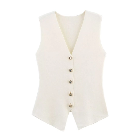 Women Knitted Vest Sleeveless V-Neck Button Down Solid Color Polyester Casual Retro Waistcoat Top
