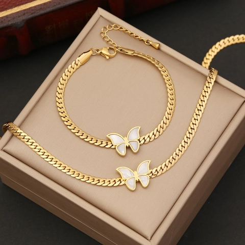 Butterfly Necklace And Bracelet Stainless Steel Gold Plated White Mother Of Artificial Pearl Jewelry Korean Style For Women