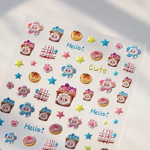 Autocollants De Nail Art Gaufrés 5D Relief 3D Auto Adhésifs Décor Manucure Dessin Animé Doux Macaron Étoile Noeud Pour Femmes