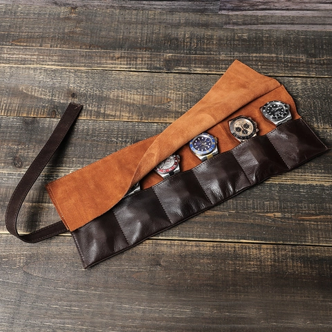 Custodia Porta Orologi in Pelle Cerata Vintage Rotolo Portatile con Scomparti Multipli per Viaggio Organizzatore Orologi Uomo