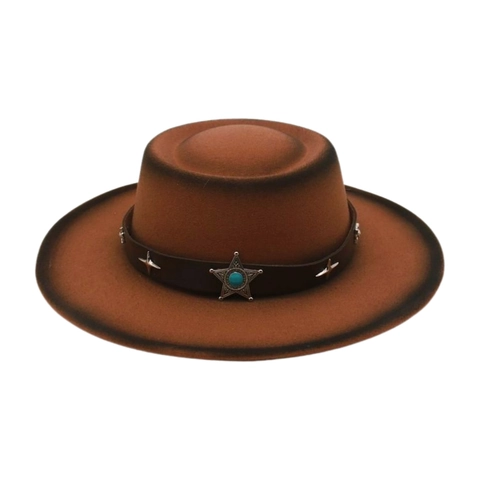Cappello Fedora Cowboy Occidentale Vintage Per Uomo Donna Cupola Piatta Tesa Larga Cappello Jazz Con Rivetti A Stella Cinturino In Pelle Turchese Sfumato