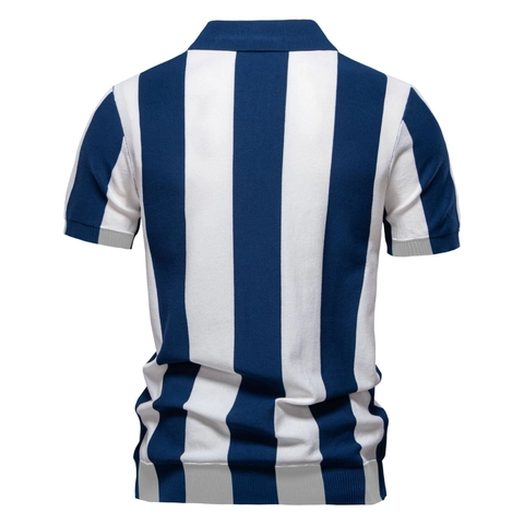 Men Knit Polo Shirt Striped Vertical Short Sleeve Half Zipper Casual Lightweight Business Breathable Viscose Blend