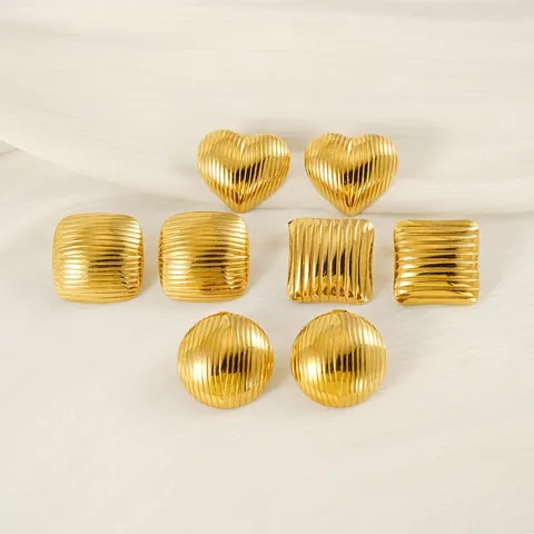 Fashion Geometric Stud Earrings Ribbed Vertical Stripe 18K Gold Plated Stainless Steel Heart Square Rhombus For Women