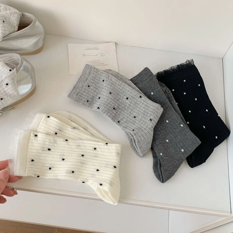 Women Crew Socks Bamboo Fiber Polka Dot Breathable Lace Trim Ribbed Sweet Retro Casual Hosiery