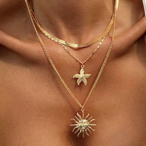 Collier Multi Rangs Alliage Bohème Pendentif Étoile De Mer Et Visage Du Soleil Chaîne Serpent Bijoux Plage Vacances Pour Femmes