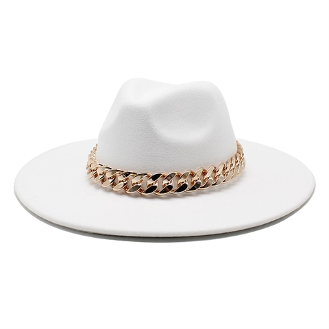 Cappello Fedora In Lana Tesa Larga Piatta Decorazione Catena Di Metallo Dorato Stile Jazz Vintage Elegante Unisex