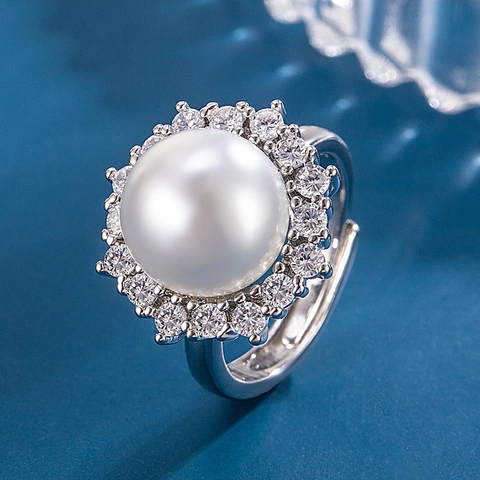 Sunflower Artificial Pearl Zircon Ring Adjustable Open Design Flower Shaped Delicate Jewelry For Women Elegant Gift