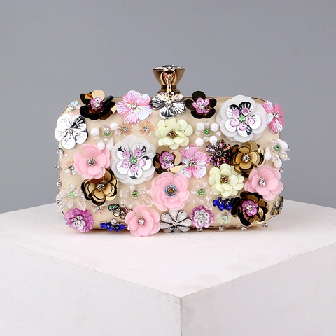 Women Evening Clutch Bag 3D Handmade Flower Sequins Beaded Hard Shell Wedding Party Purse Metal Handle Chain