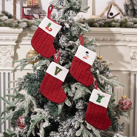 Calcetín De Navidad Rojo Blanco Tejido Bordado Letra Alfabeto Decoración De Fiesta Colgante Regalo Punto De Torsión