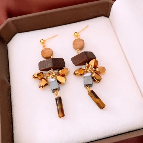 Pendientes Colgantes Geométricos Vintage Con Ojo De Tigre Madera Y Poste De Plata De Ley 925 Estilo Bohemio Mujeres