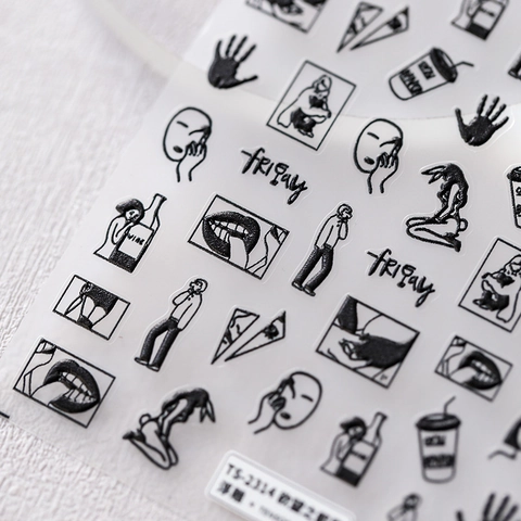 5D Reliëf Nagelkunst Stickers Zelfklevend Zwart Wit Illustratie Lijnkunst Manicure Decals Stijlvolle DIY Decoratie