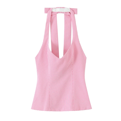 Haut Dos Nu Polyester Dos Nu Nœud Papillon Décolleté En V Profond Slim Fit Sexy Doux Vichy Uni Cami Pour Femmes