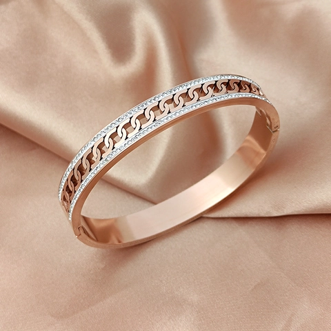 Bracciale Rigido Catena Acciaio Inossidabile Doppia Fila Zircone Cerniera Lusso Gioielli Moda Donna