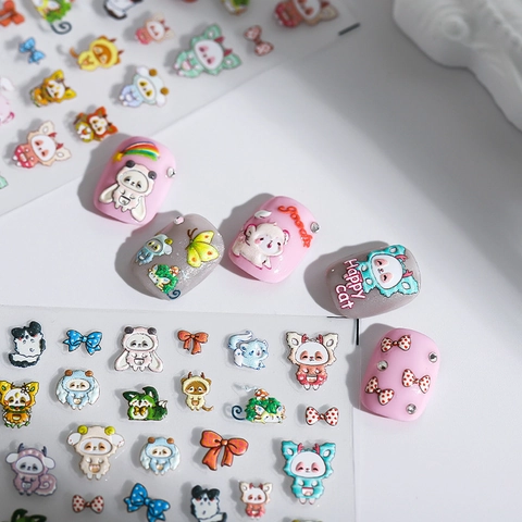 Embossed Relief Nail Art Stickers Cartoon Panda Cat Self Adhesive Kawaii DIY Manicure Macaron Colors Decals