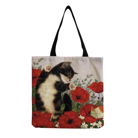 Large Capacity Foldable Shopping Bag Women Floral Cat Print Shoulder Bag Cotton Linen Eco Friendly Tote Bag Beach Travel Bag