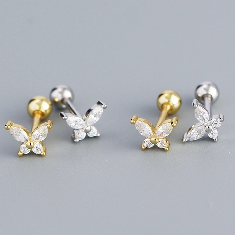 925 Sterling Silver Butterfly Stud Earrings For Women Minimalist Zirconia Inlaid Small Screw Back Ball Ear Bone Nails Jewelry